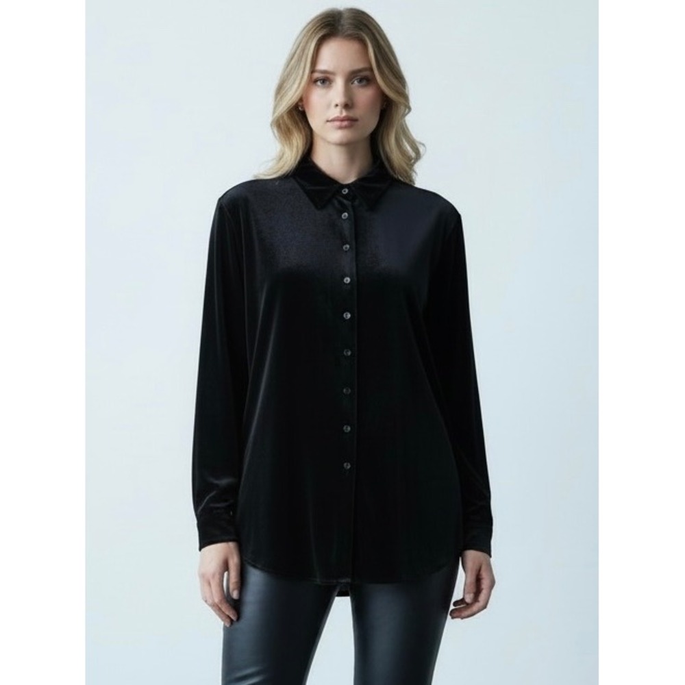 Kathie Lee Collection Vintage Black Velvet Button Down Shirt Long Sleeve Large